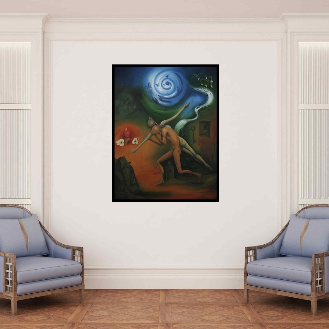 In-situ view of Dewakar Chandran's 'Soul Carrier (Celestial Embrace)' painting in a room