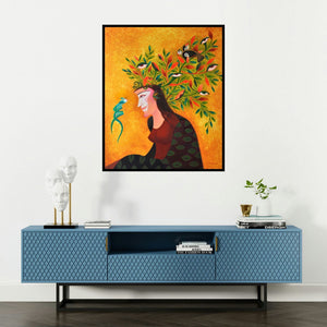 Vandana Rakesh's 'Soulful Conversation (Eyes of the Forest)' painting visualized above a sofa in a contemporary room.