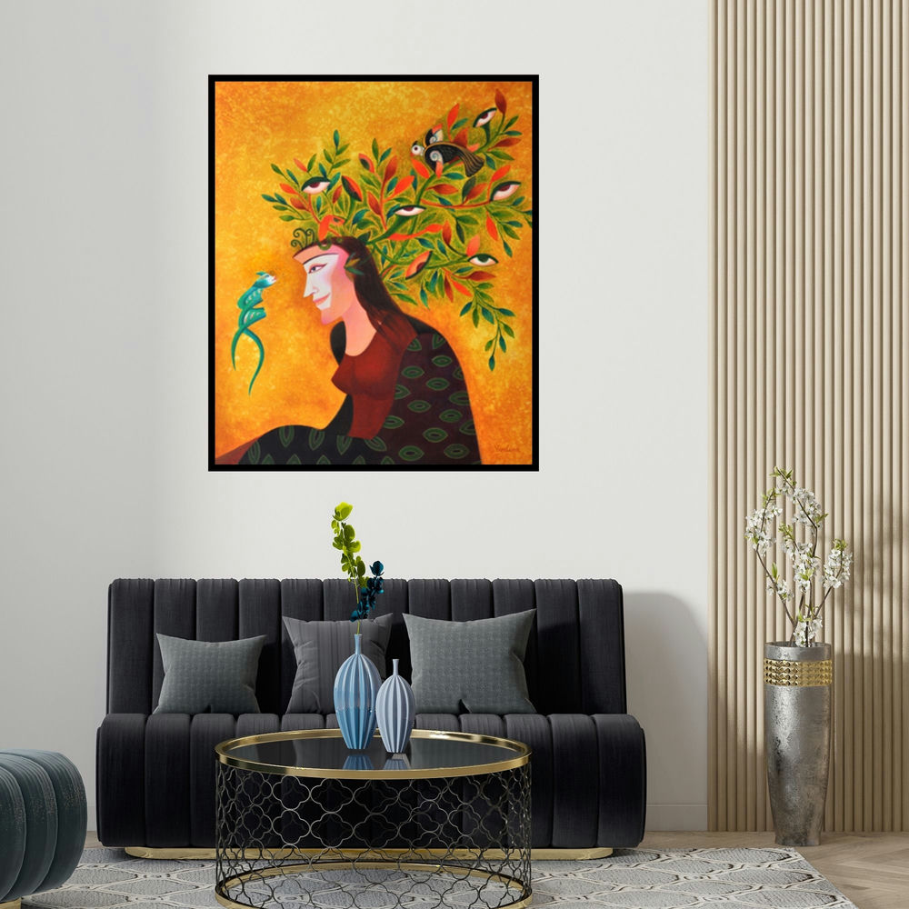 'Soulful Conversation (Eyes of the Forest)' painting by Vandana Rakesh shown on a wall in a furnished room.