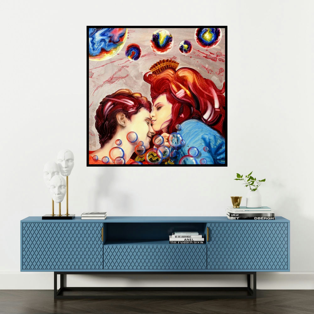 'Soulmates 7' painting by Ankur Rana shown on a wall in a furnished room.