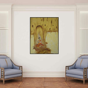'Sound Of Music (Echoes of the Past)' painting by Durshit Bhaskar shown on a wall in a furnished room.
