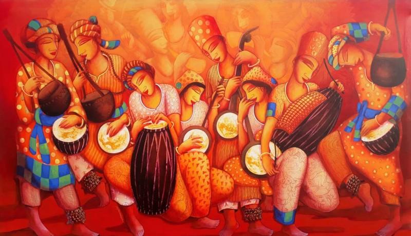 Figurative acrylic painting titled 'Sounds 1', 48x96 inches, by artist Samir Sarkar on Canvas