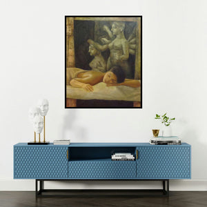 Dipak's 'Spa' painting visualized above a sofa in a contemporary room.