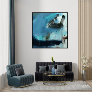 Preview of 'Space 51 (Aqua Serenity)' Painting by Gulrez Ali shown on a wall in a furnished room.