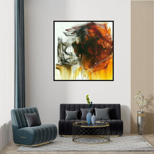 Preview of 'Space 72 (Ember's Embrace)' Painting by Gulrez Ali shown on a wall in a furnished room.