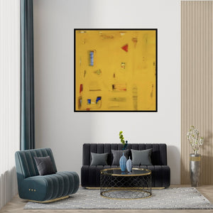 Preview of 'Space Within 2 (Golden Reverie)' Painting by Prasad Mane shown on a wall in a furnished room.
