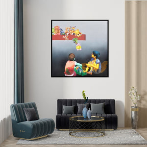 Preview of 'Spano Ki Or 2' Painting by Jitendra Saini shown on a wall in a furnished room.