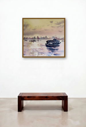 Sparkling Seas (Golden Hour in Mumbai) by artist Lasya Upadhyaya displayed in a Urban Loft Penthouse