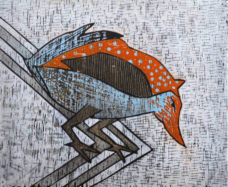 Sparrow 1' animals viscosity printmaking by artist Ankit Kushwaha, 9x9 inch, on paper