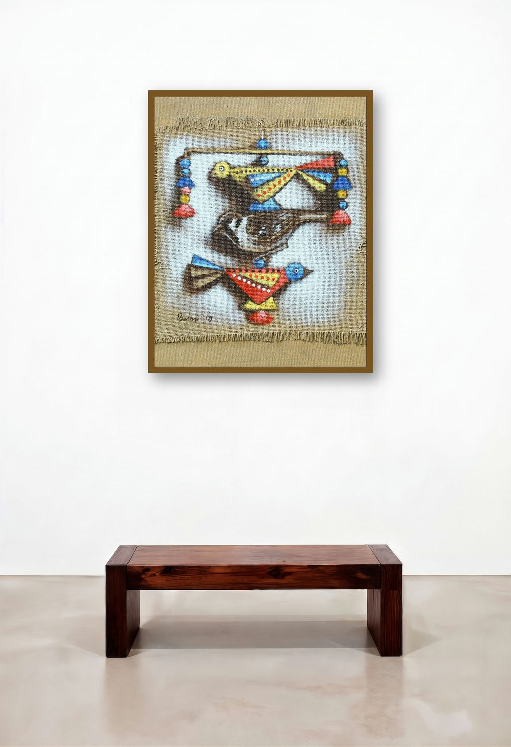 Sparrow (Balancing Act) by artist Balaji Ubale displayed in a Contemporary Hallway
