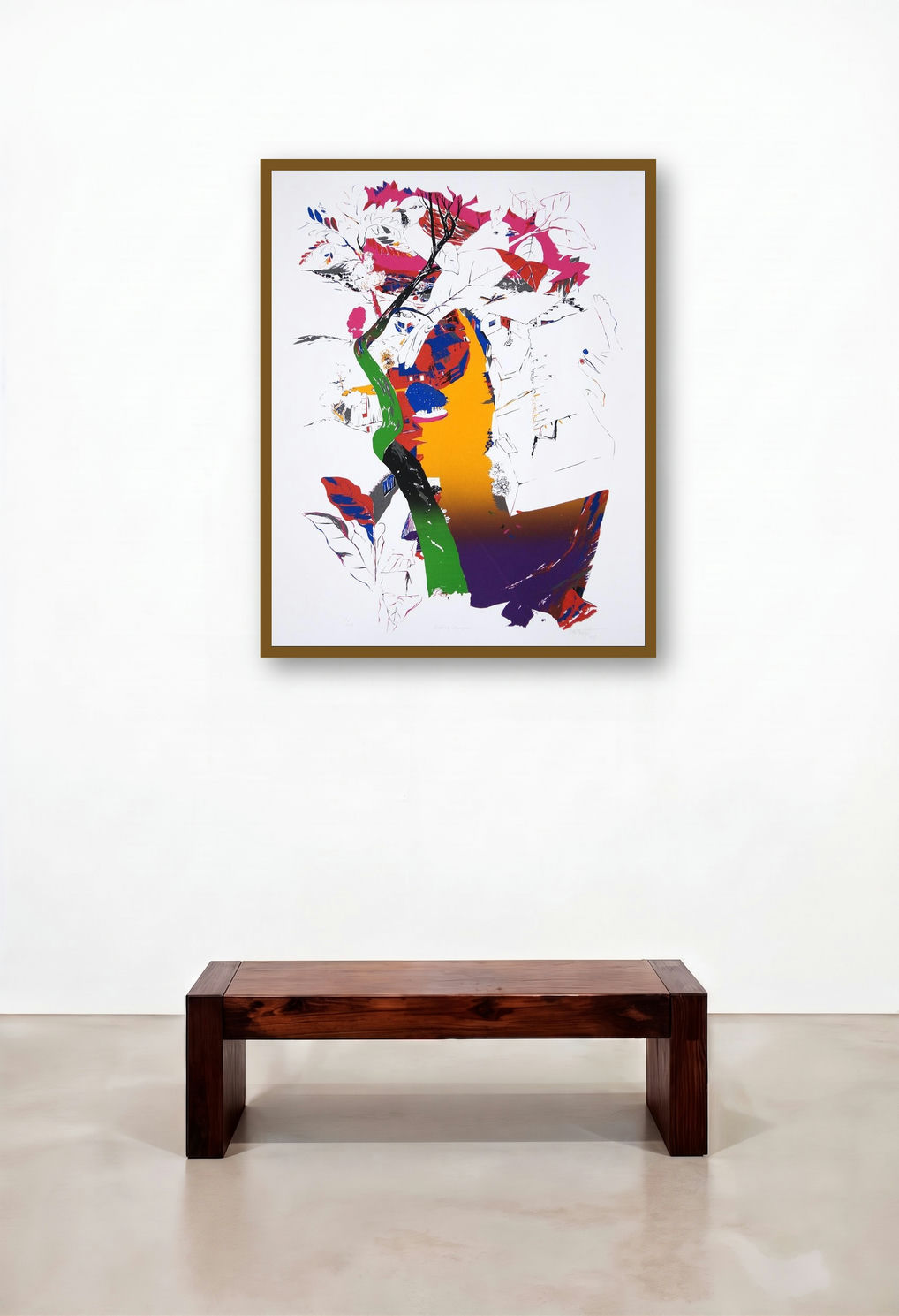 Speaking Sparrows (Abstract Landscape with Figures) by artist Nabibakhsh Mansoori displayed in a Japandi Living Room