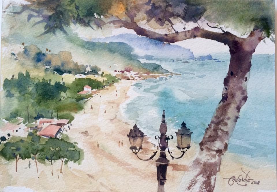 Landscape watercolor painting titled 'Sperlonga Beach Italy', 11x8 inches, by artist Vikrant Shitole on Paper