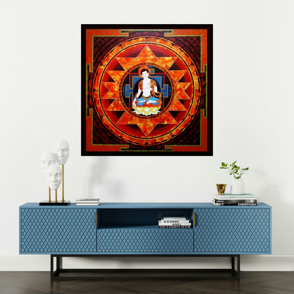 'Spiritual Buddha' painting by Ajay Meshram shown on a wall in a furnished room.