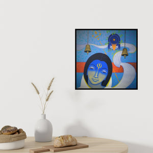 Preview of 'Spiritual Splendour 2 (Cosmic Contemplation)' Painting by Bhiva Punekar shown on a wall in a furnished room.