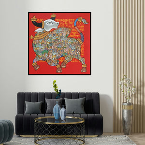 Vivek Kumavat's 'A Spiritual Story (Sacred Nandi)' painting visualized above a sofa in a contemporary room.