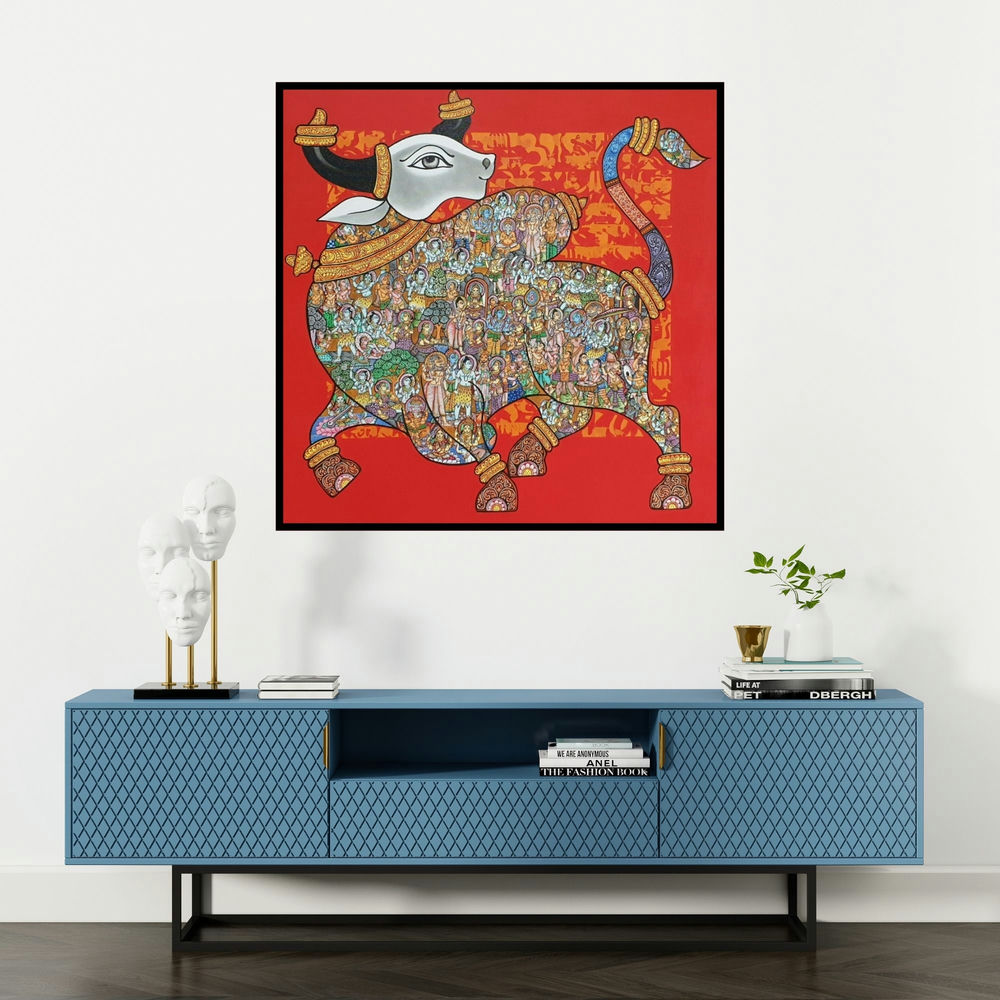 'A Spiritual Story (Sacred Nandi)' painting by Vivek Kumavat shown on a wall in a furnished room.