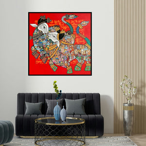 Vivek Kumavat's 'A Spiritual Story (Sacred Embrace)' painting visualized above a sofa in a contemporary room.