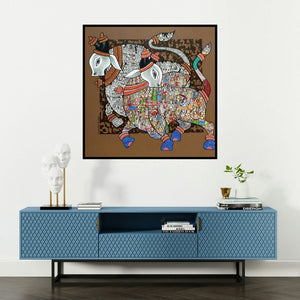 'A Spiritual Story' painting by Vivek Kumavat shown on a wall in a furnished room.