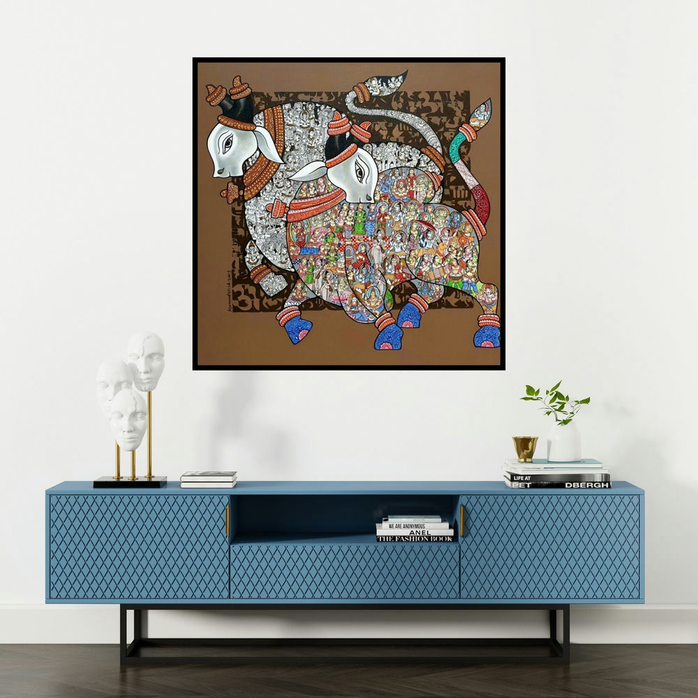 'A Spiritual Story' painting by Vivek Kumavat shown on a wall in a furnished room.