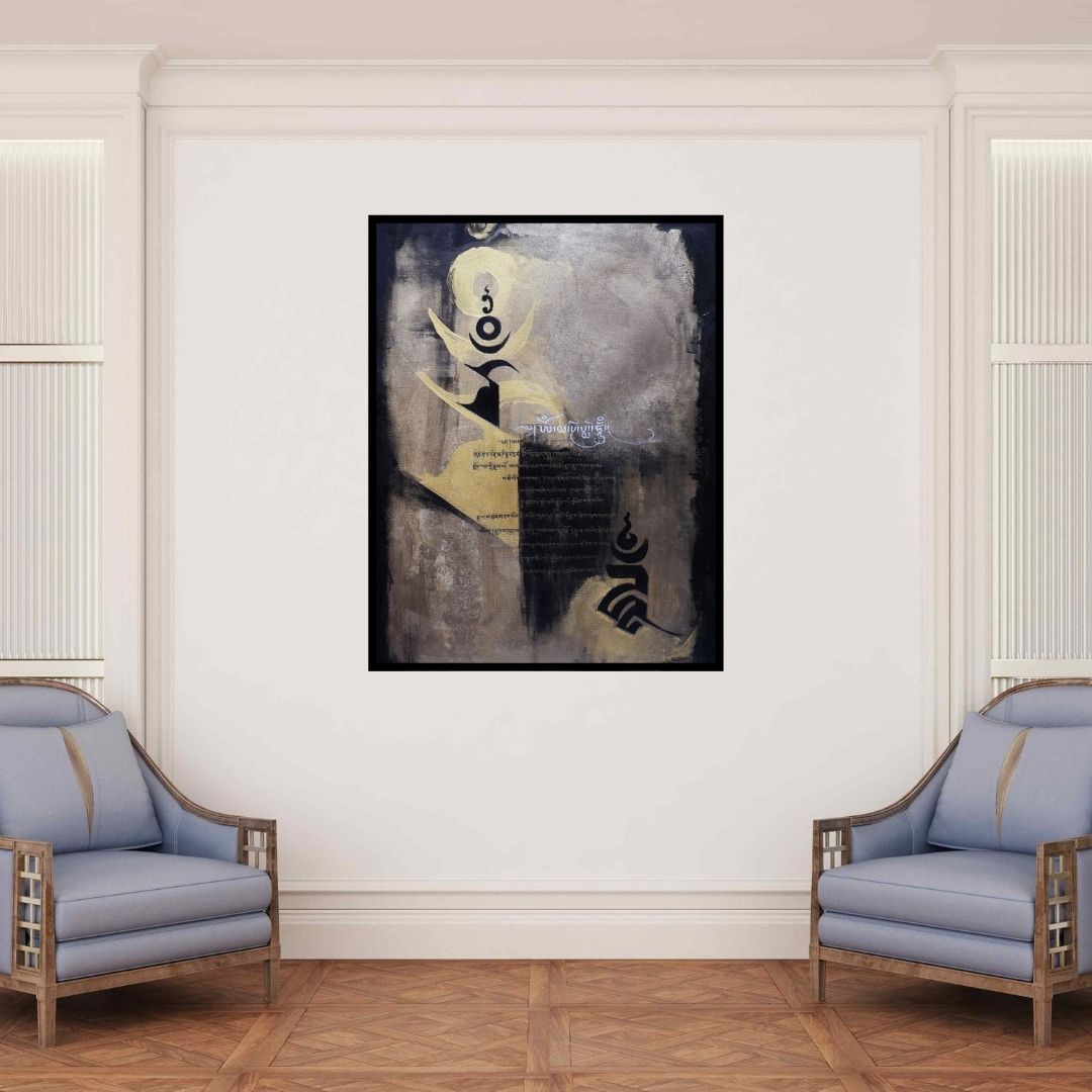 In-situ view of Shubhangi Gade's 'The Spirutual Text (Sacred Script and Form)' painting in a room