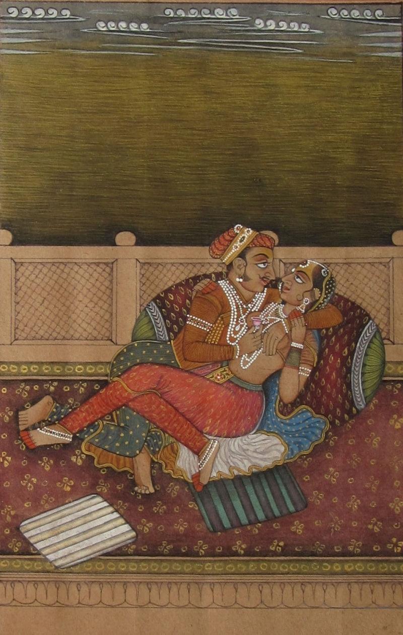 Figurative mughal traditional art titled 'Splendid Mughal Couple', 8x6 inches, by artist Unknown on Paper