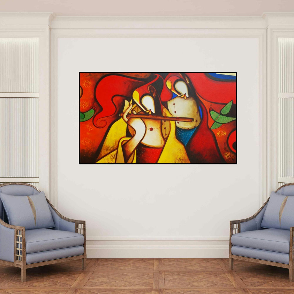 'Splendours Of Love 1' painting by Om Swami shown on a wall in a furnished room.