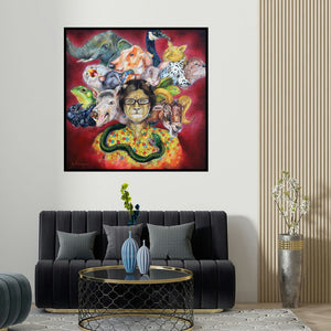 Minal Rajurkar's 'Split Personality (Woman with Animal Heads)' painting visualized above a sofa in a contemporary room.
