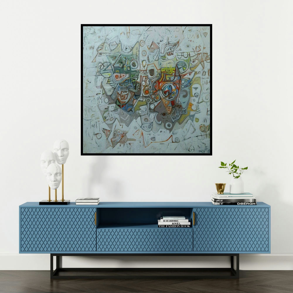 'Spontaneous Nature (Cosmic Tapestry)' painting by Rajesh Kumar Singh shown on a wall in a furnished room.