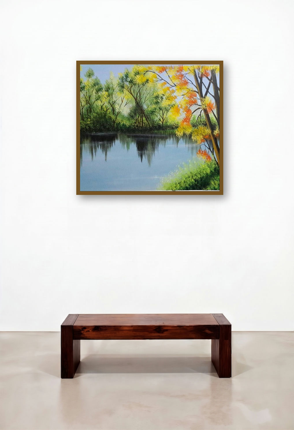 Spring Trees Near Lakeside (Autumn Reflections) by artist Reema Ravindran displayed in a Rustic Bedroom