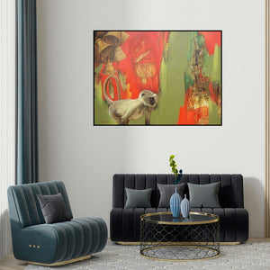Shyamsundar Achary's 'Spritual Feel 2' painting visualized above a sofa in a contemporary room.