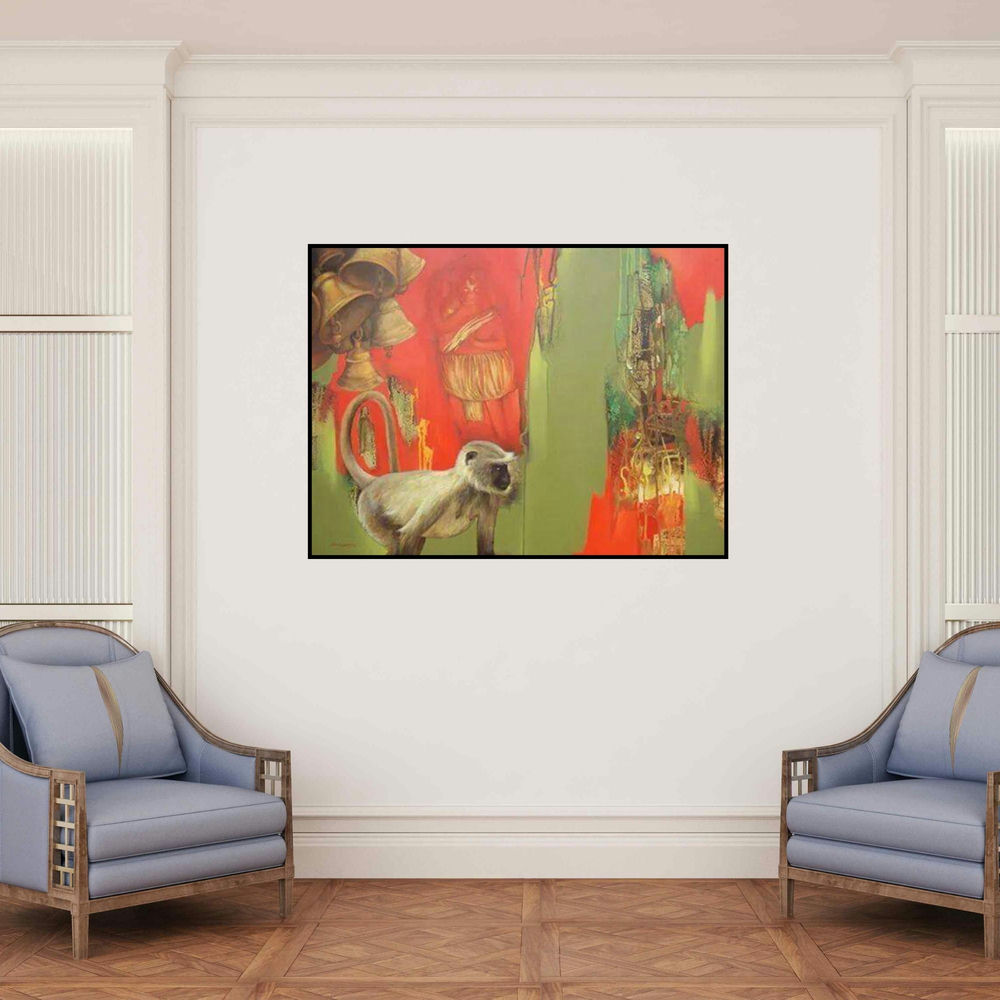 'Spritual Feel 2' painting by Shyamsundar Achary shown on a wall in a furnished room.