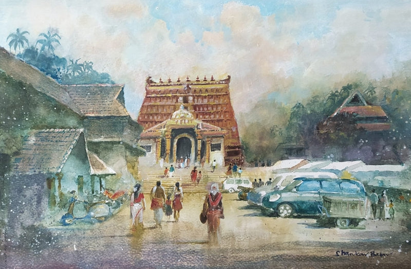 Sree Padmanabhaswamy Temple' religious watercolor painting by artist Sankara Babu, 11x17 inch, on paper