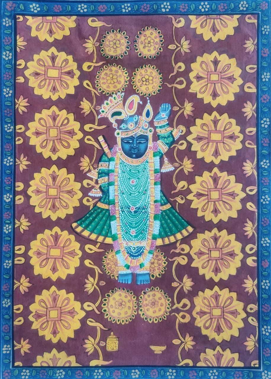 Religious pichwai traditional art titled 'Sreenathji', 14x10 inches, by artist Pichwai Art on Cloth