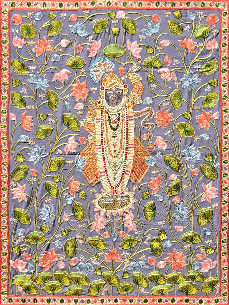 Sreenathji With Flowers' religious pichwai Traditional Art by artist Ana, 48x36 inch, on cloth