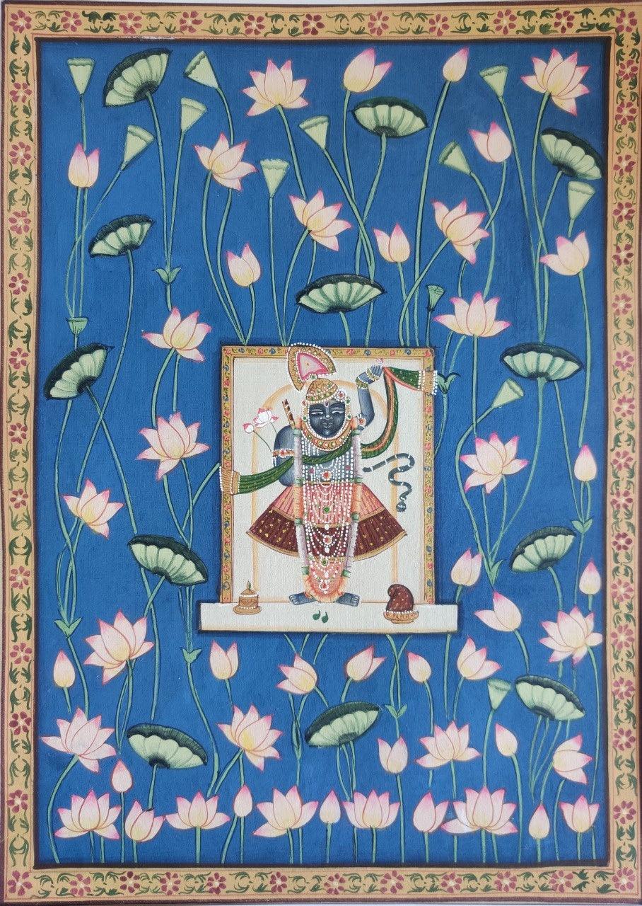 Religious pichwai traditional art titled 'Sreenathji Lotus Pichwai', 24x18 inches, by artist Pichwai Art on Cloth