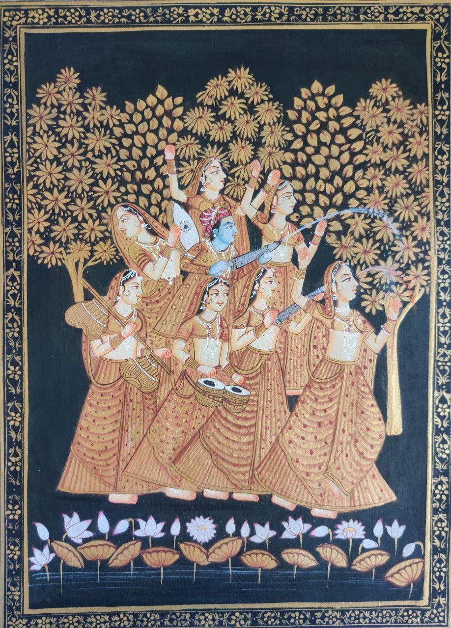 Religious pichwai traditional art titled 'Sreenathji With Gopis Pichwai', 14x10 inches, by artist Pichwai Art on Cloth