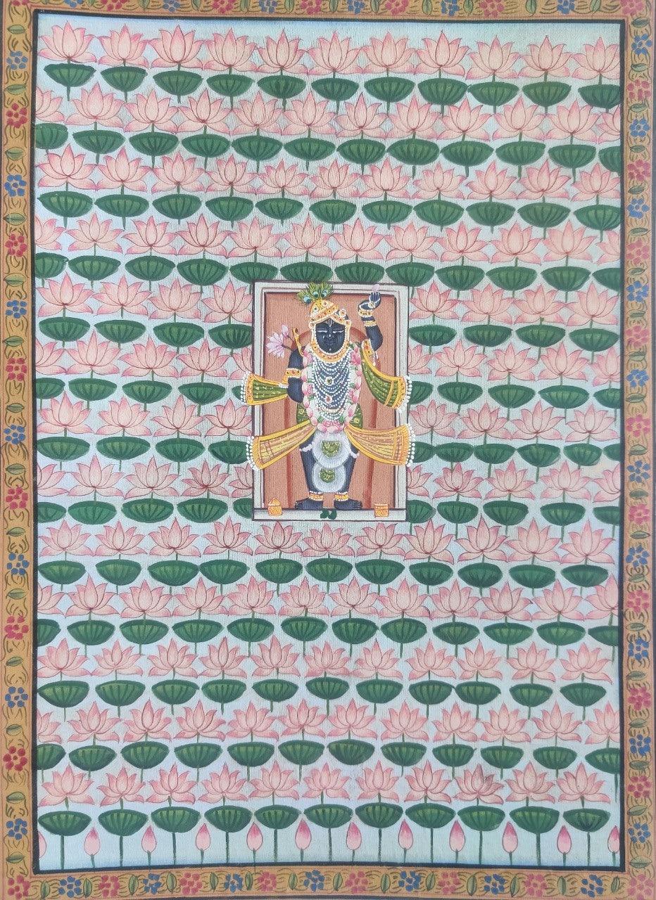 Religious pichwai traditional art titled 'Sreenathji With Lotus', 14x10 inches, by artist Pichwai Art on Cloth