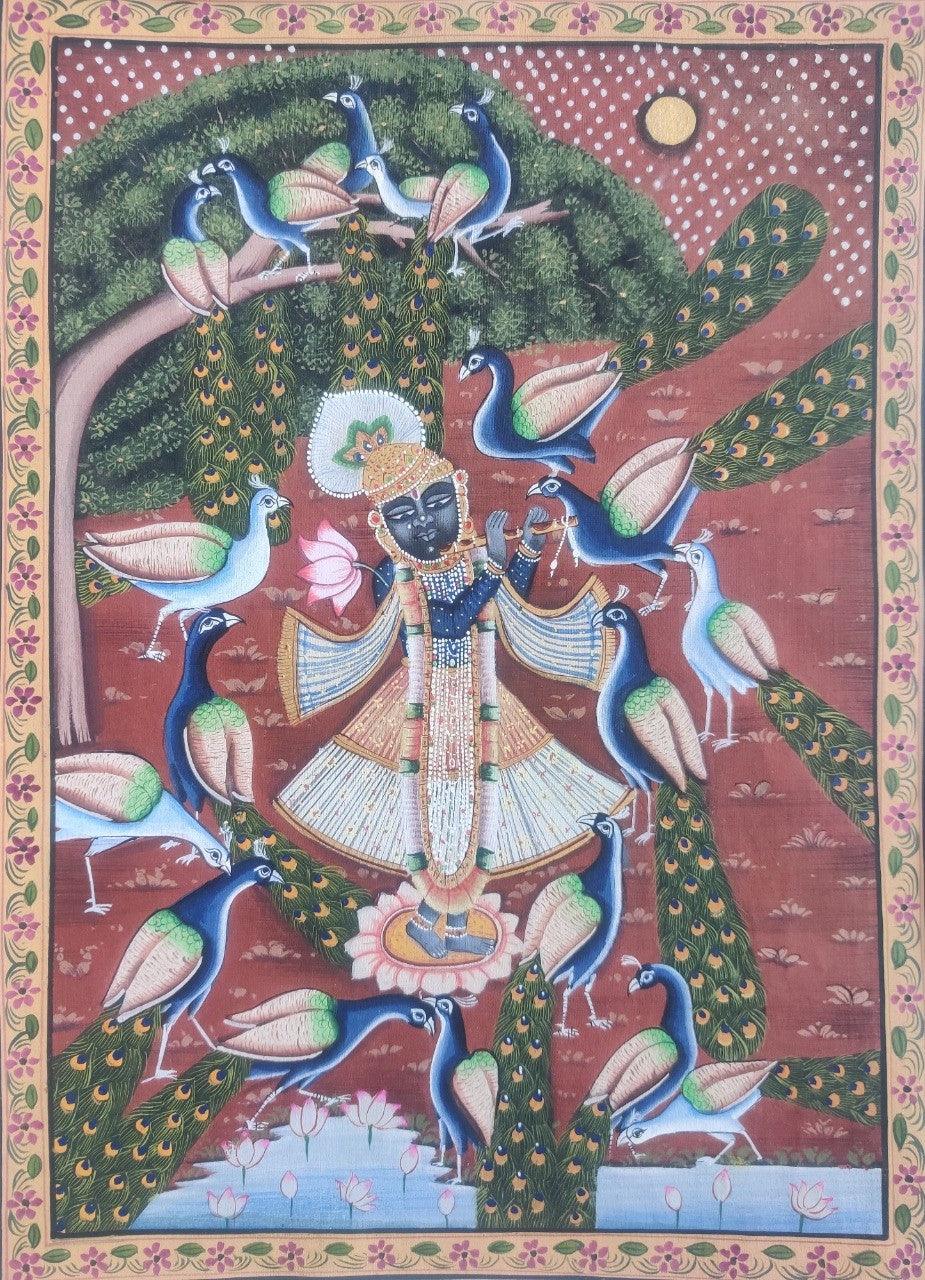 Religious pichwai traditional art titled 'Sreenathji With Peacock', 14x10 inches, by artist Pichwai Art on Cloth
