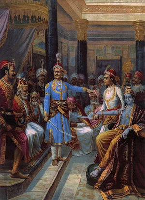 Sri Krishna As Envoy (Krishnas Peace Mission) by Raja Ravi Varma, Print Oil Figurative Painting on Canvas, X-Small Vertical Wall Art