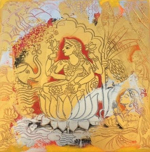 Sri Maha Lakhshmi (Lakshmi Painting) by Anjani Reddy, Original Acrylic Religious Painting on Canvas, Small Square Wall Art