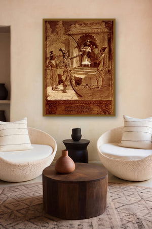 Sri Rama Breaks The Bow by artist Raja Ravi Varma displayed in a Contemporary Exhibition gallery