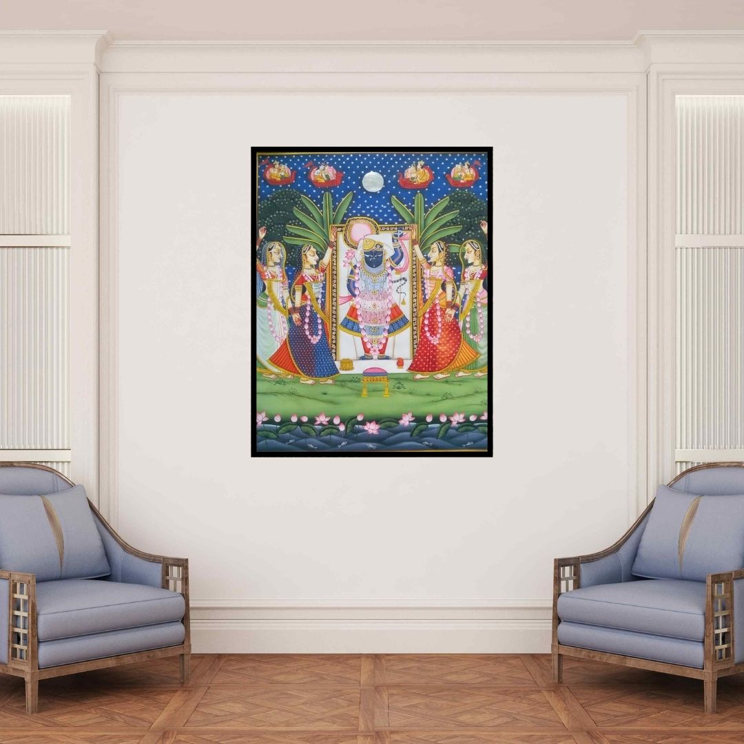 In-situ view of Rajendra Khanna's 'Srinathji Darshan' painting in a room