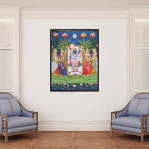 In-situ view of Rajendra Khanna's 'Srinathji Darshan' painting in a room