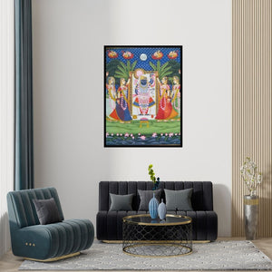 Preview of 'Srinathji Darshan' Painting by Rajendra Khanna shown on a wall in a furnished room.