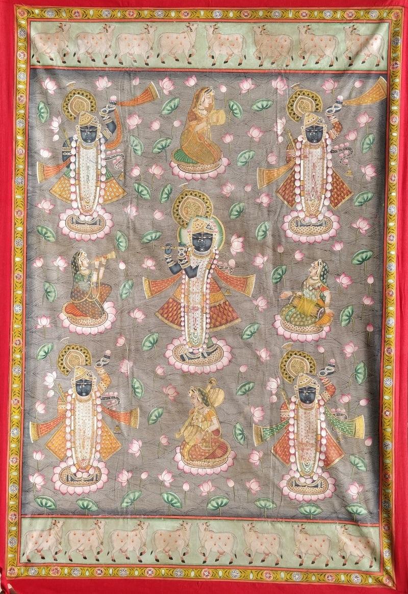 Religious pichwai traditional art titled 'Srinathji In Kamaltalai Pichwai', 72x48 inches, by artist Pichwai Art on Cloth