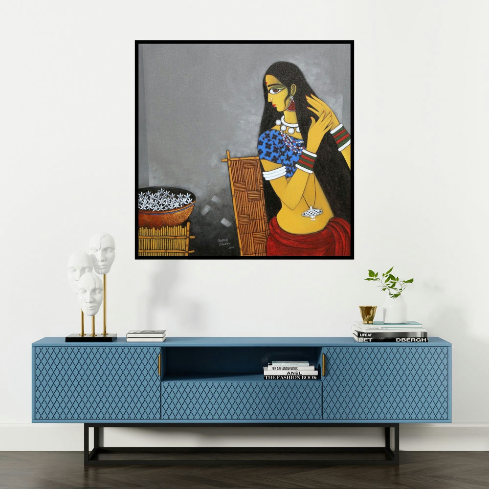 'Sringar' painting by Gajraj Chavan shown on a wall in a furnished room.