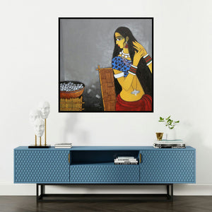 'Sringar' painting by Gajraj Chavan shown on a wall in a furnished room.