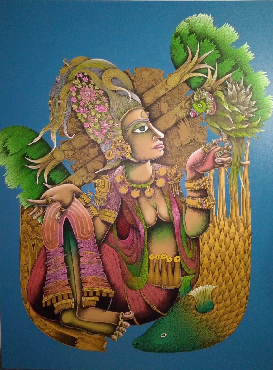 Religious traditional art titled 'Srishti', 0x36x48 inches, by artist Jitendra Dangi on Canvas