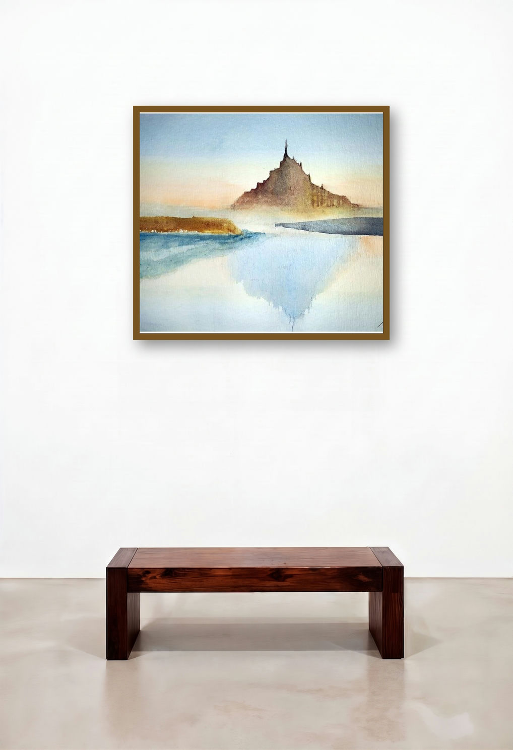 St Mont Michel Normandy France (Misty Morning Majesty) by artist Arunava Ray displayed in a Contemporary Library