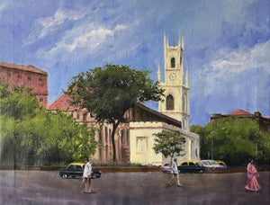 St Thomas Cathedral (Church in the City) by Nitin Kitukale, Original Oil Cityscape Painting on Canvas, Medium Horizontal Wall Art